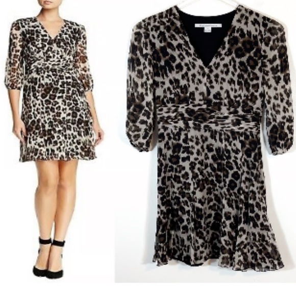 BNWT DIANE VON FURSTENBERG 100% SILK SNOW CHEETAH PRINT A-LINE ABOVE KNEE DRESS - Picture 5 of 16